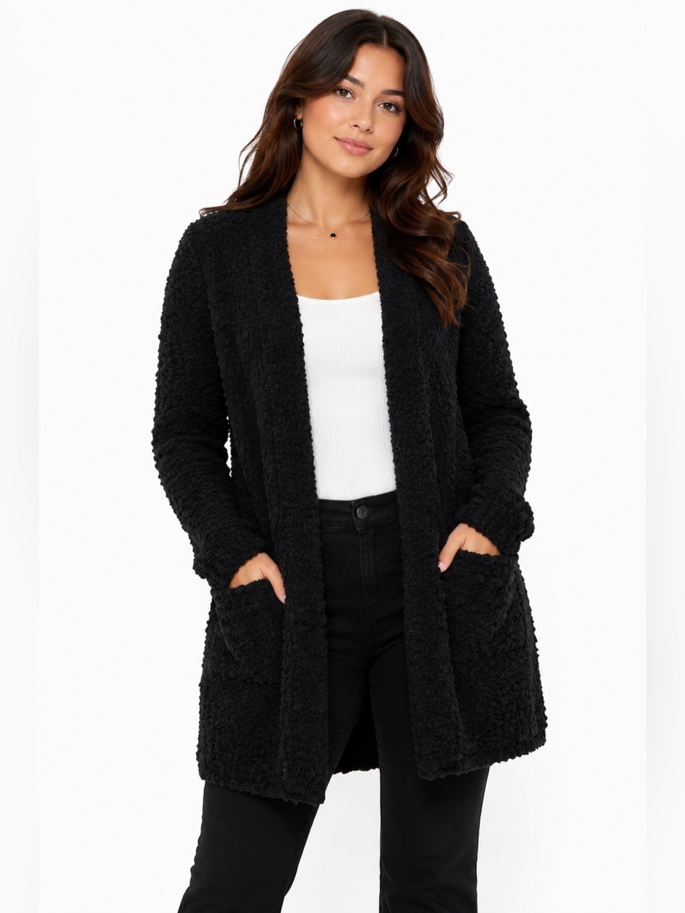 Zenana Plush Knit Open Front Cardigan Sweater (Black) Size Small